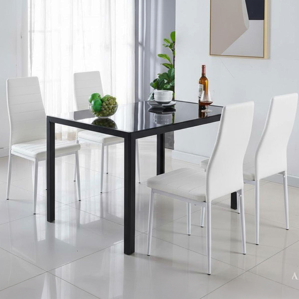 Kosy Koala 4 Seater Faux Leather Glass Dining Set Black and White