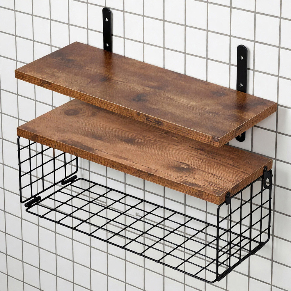 Living and Home 2 Shelf Wooden Wall-Mounted Floating Shelf with Wire Basket