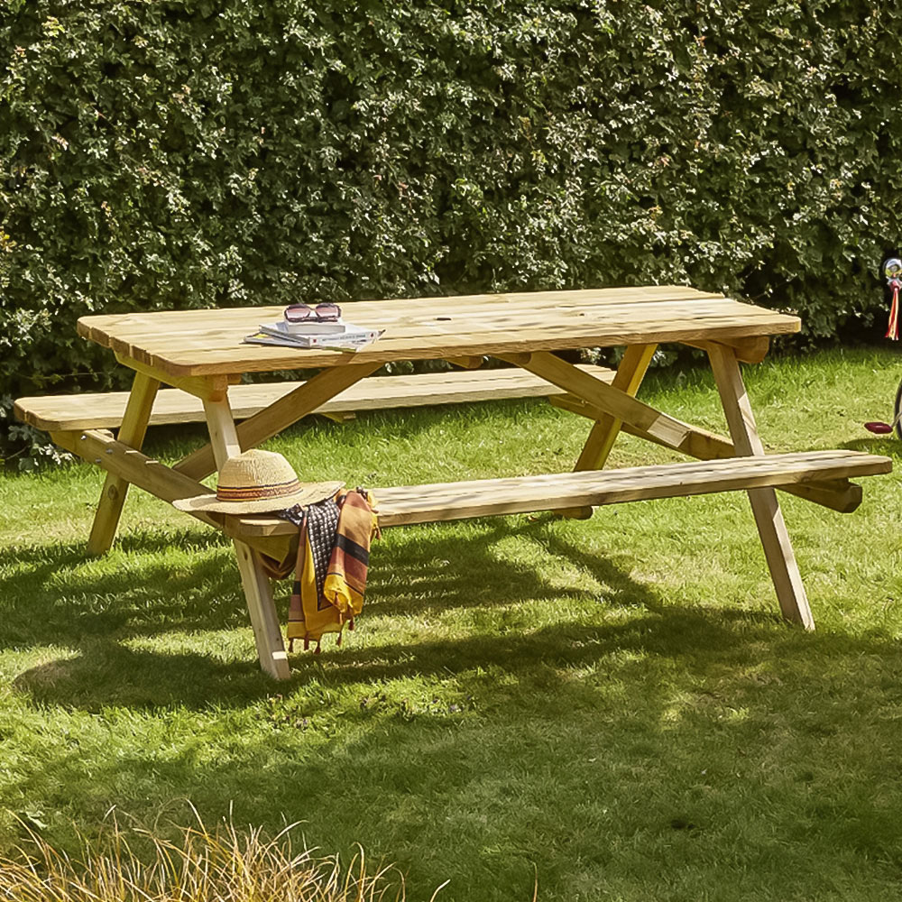 Cerland Romane 6 Seater Wooden Picnic Table with 2 Foldable Benches