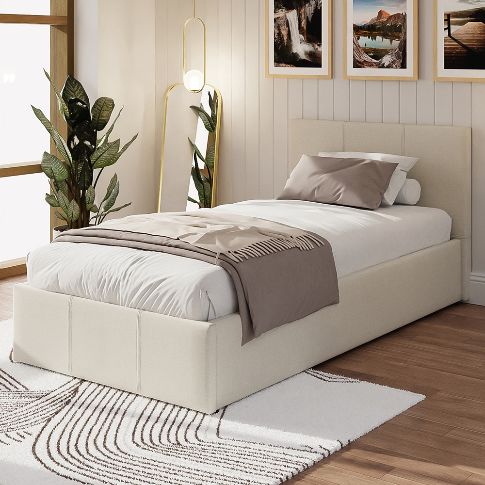 GFW Single Natural Hopsack Fabric End Lift Ottoman Bed with Memory Pocket Spring Mattress