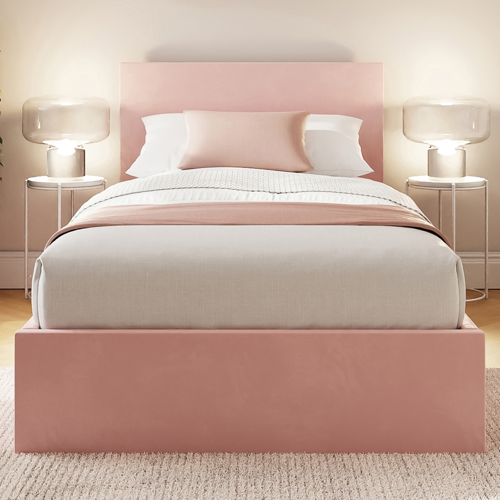 GFW Single Blush Pink Velvet End Lift Ottoman Bed with Memory Pocket Spring Mattress