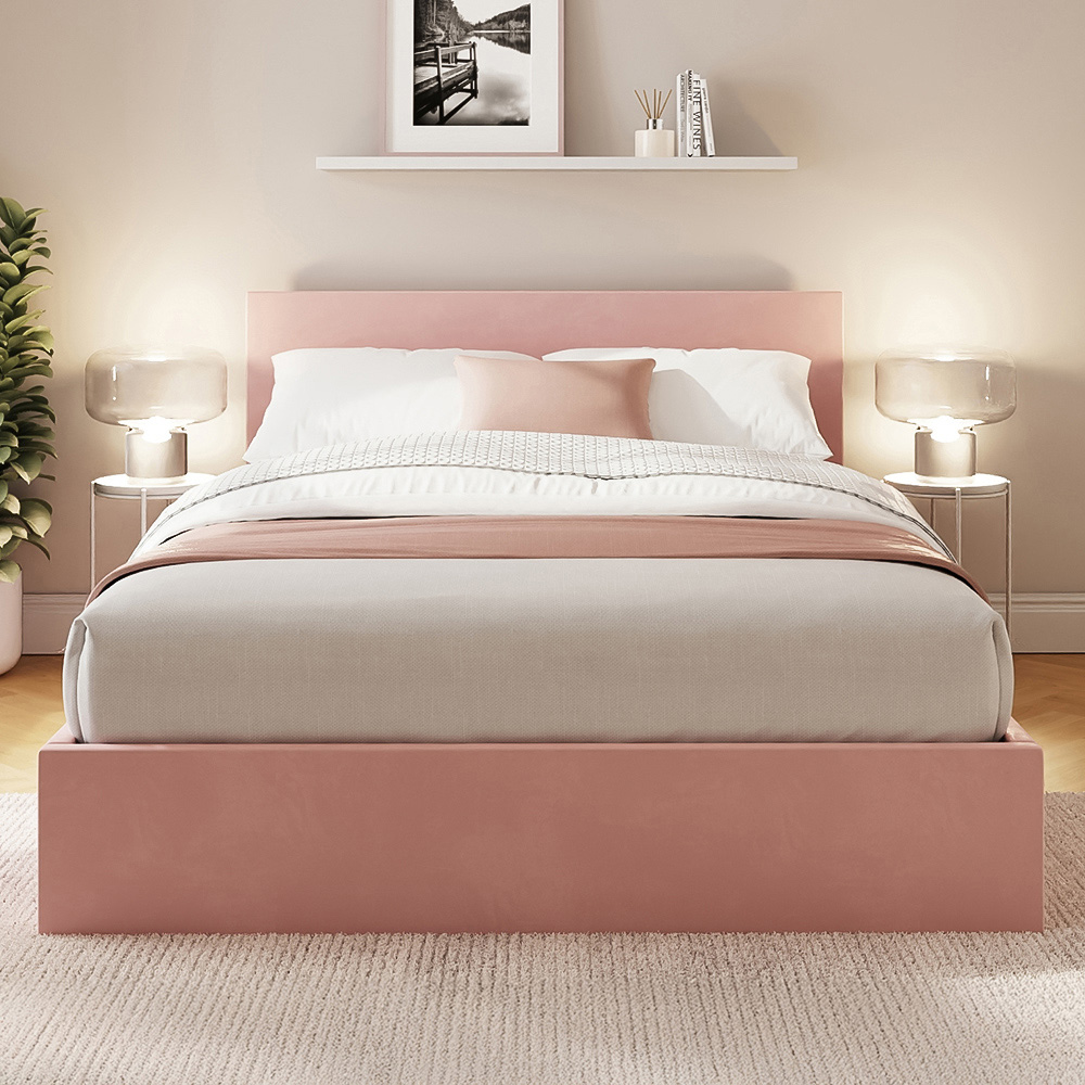 GFW Small Double Blush Pink Velvet End Lift Ottoman Bed with Memory Pocket Spring Mattress
