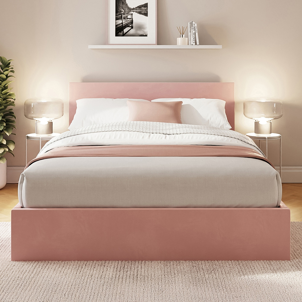 GFW Double Blush Pink Velvet End Lift Ottoman Bed with Memory Pocket Spring Mattress