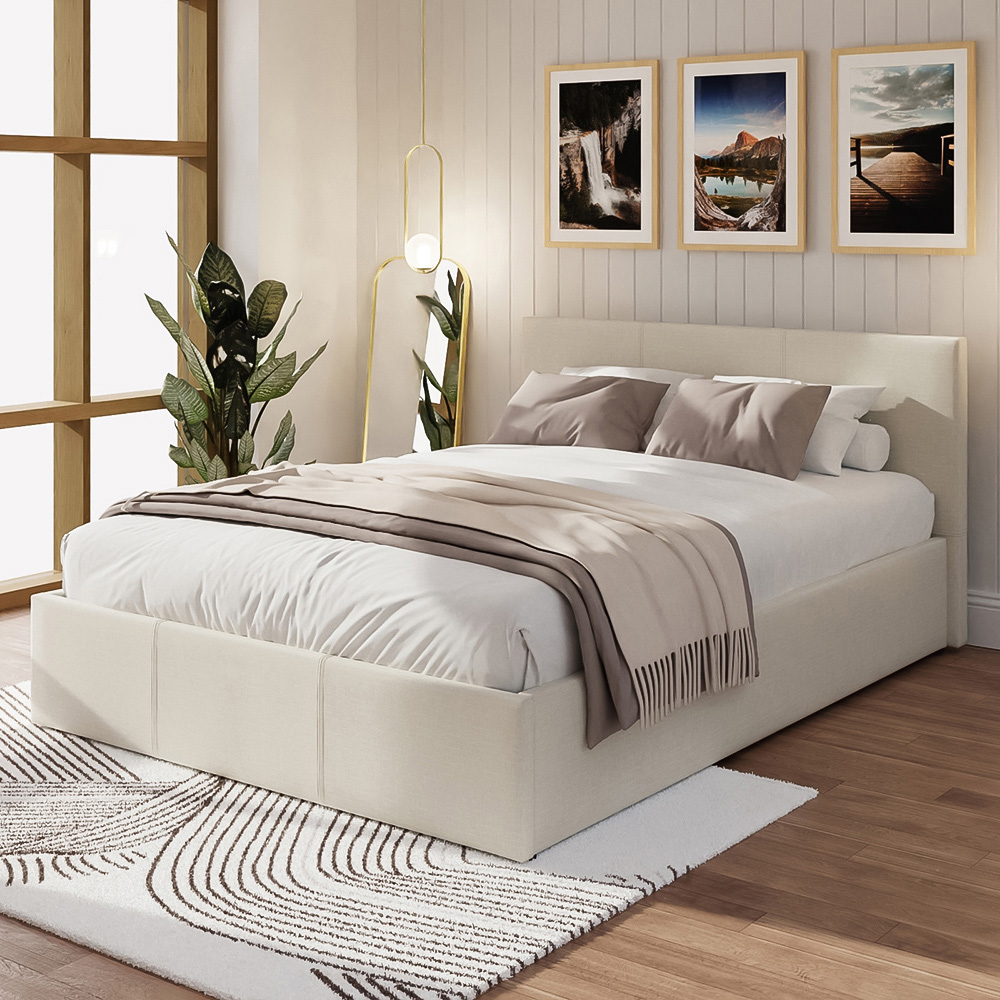 GFW King Size Ottoman Bed - Natural Hopsack Fabric - Memory Pocket Mattress