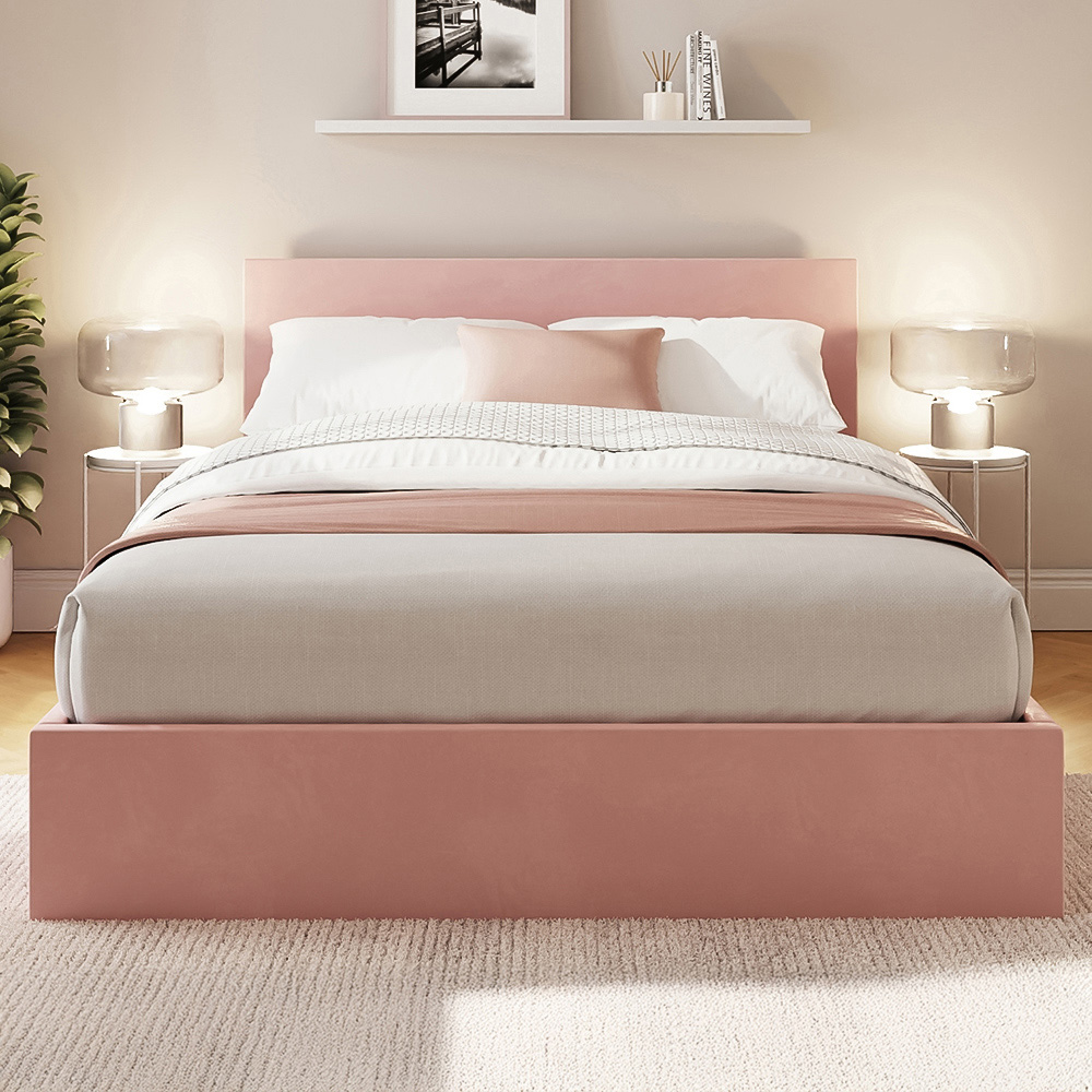 GFW King Size Blush Pink Velvet End Lift Ottoman Bed with Memory Pocket Spring Mattress