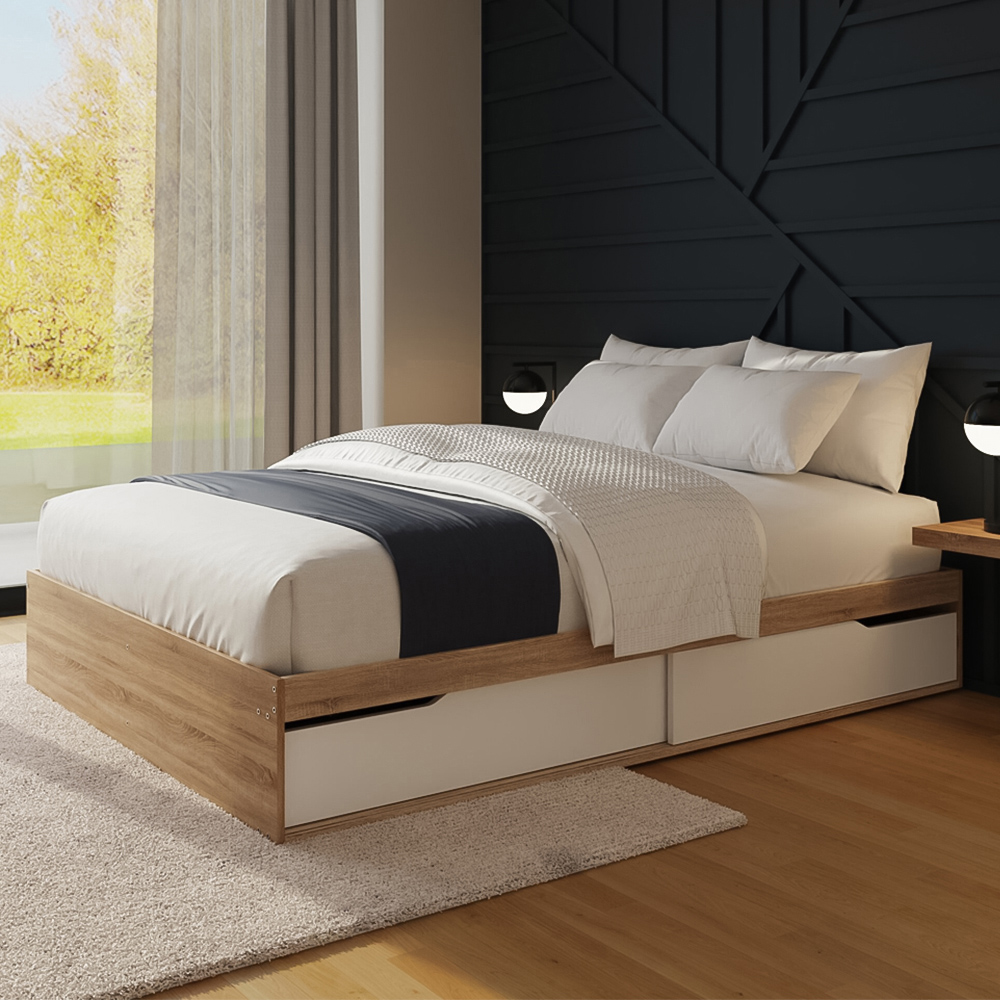 GFW Kai Small Double Oak and White 2 Drawer Platform Storage Bed with Memory Pocket Spring Mattress