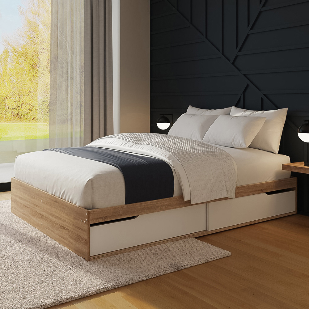 GFW Kai Double Oak and White 2 Drawer Platform Storage Bed with Memory Pocket Spring Mattress