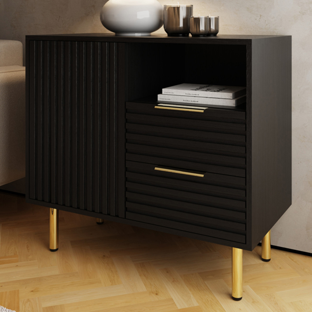 GFW Nervata Single Door 2 Drawer Single Shelf Black and Gold Ribbed Compact Sideboard