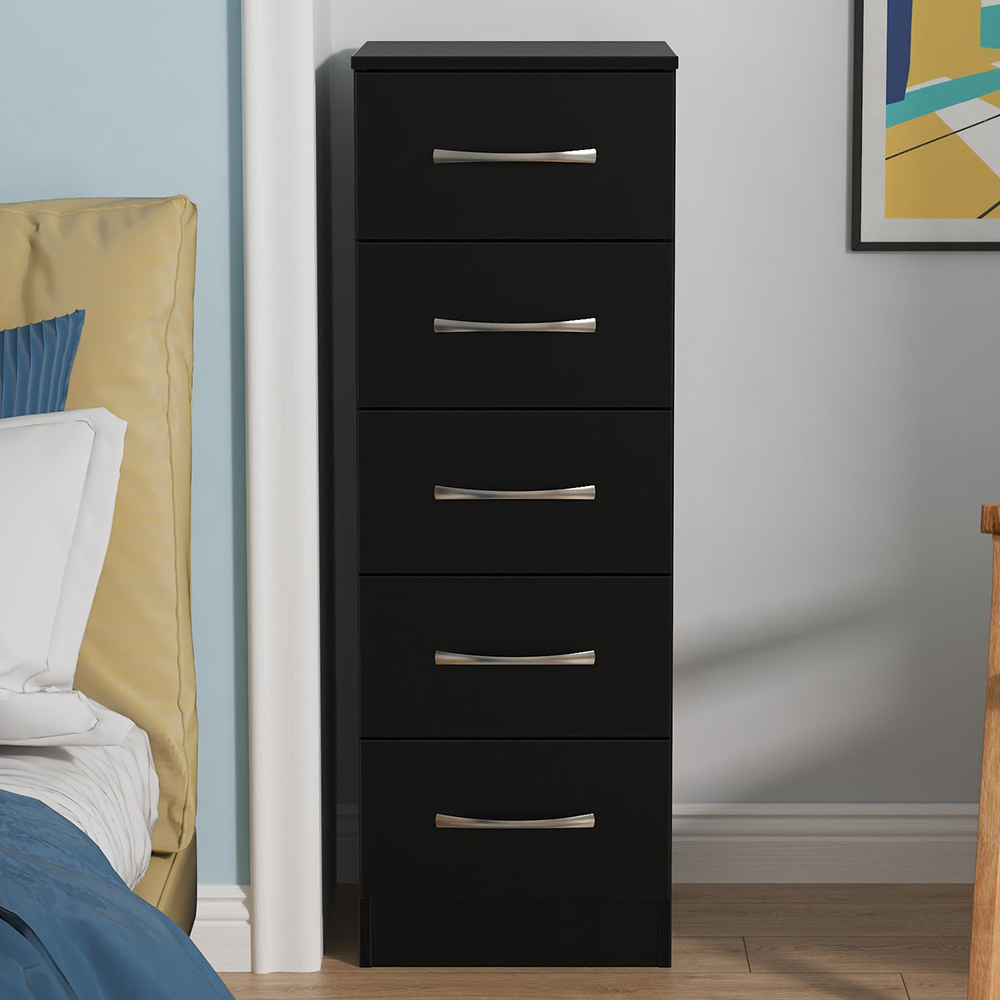 Crowndale Avon 5 Drawer Black Matt Tall Bedside Cabinet Ready Assembled