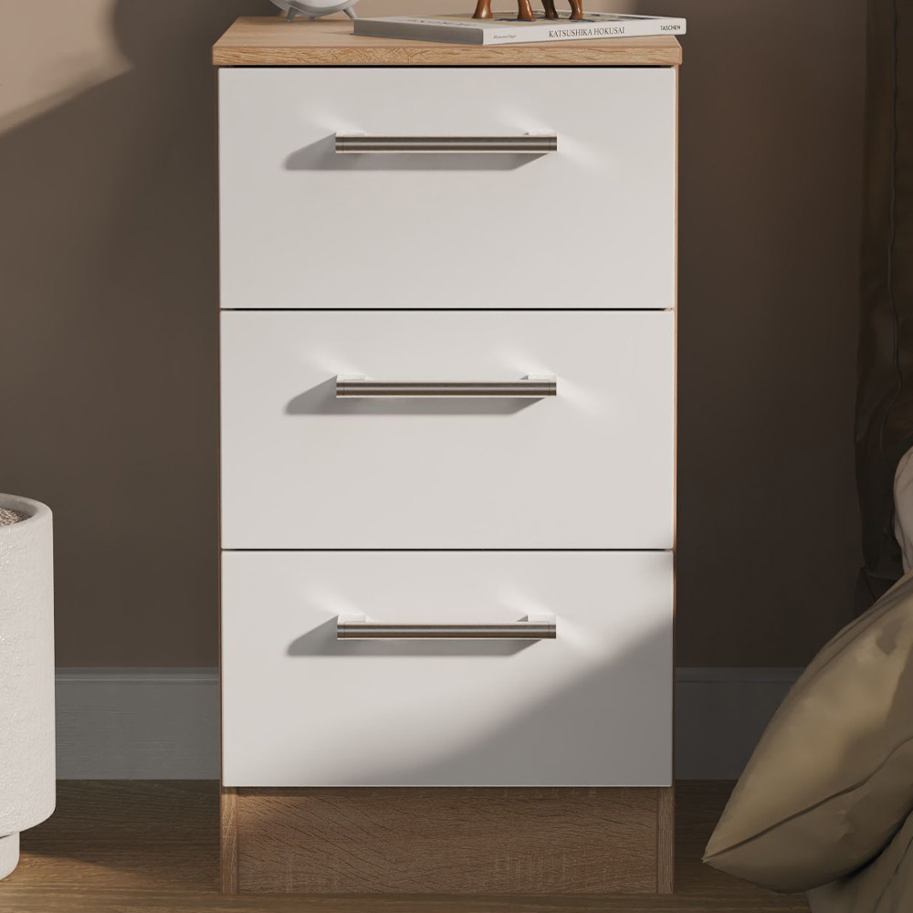 Crowndale - Bedside Table - 3 Drawer - White Matt & Bardolino Oak - Oak