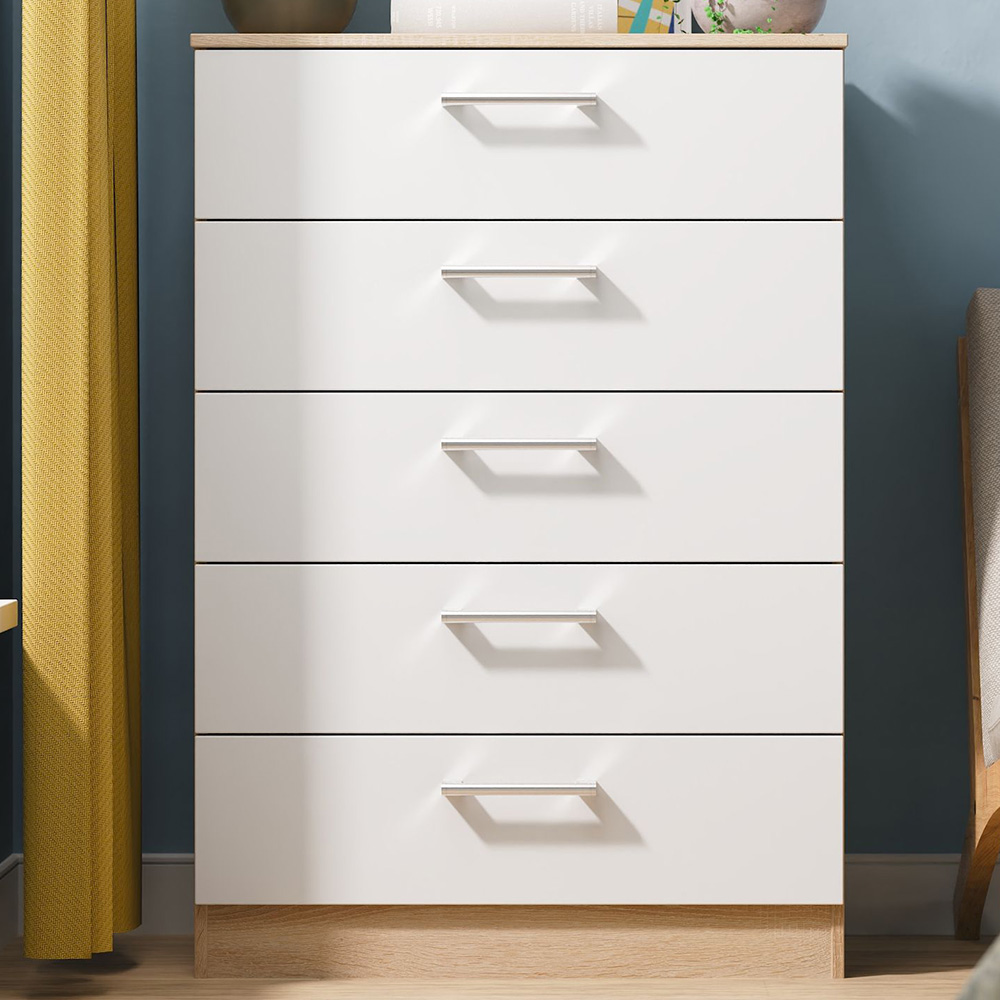 Crowndale - Chest of Drawers - 5 Drawer - White Matt & Bardolino Oak - Oak