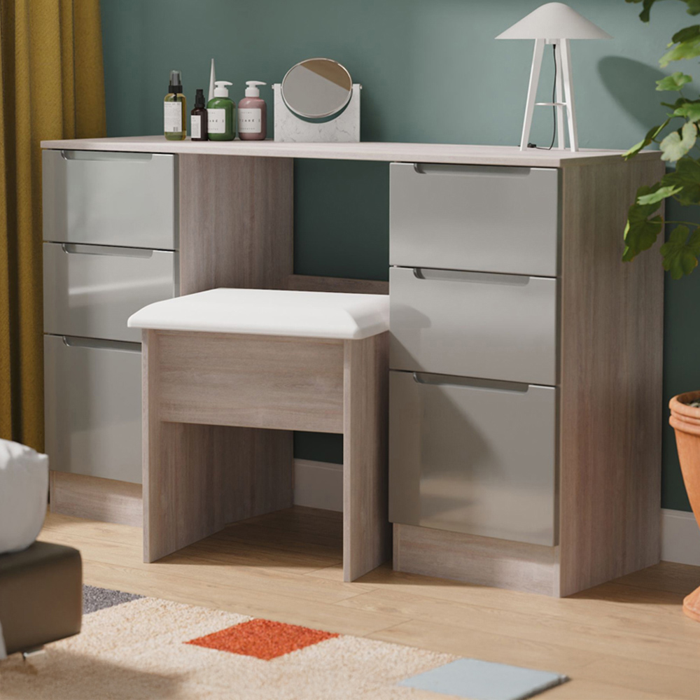 Crowndale Oak Kneehole Desk - Grey Gloss & Grey Oak - 6 Drawer