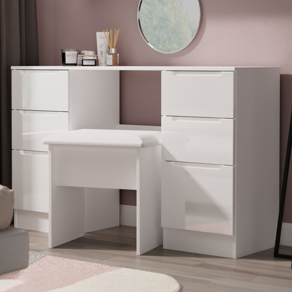 Crowndale Milan Kneehole Desk - White Gloss & White - 6 Drawer