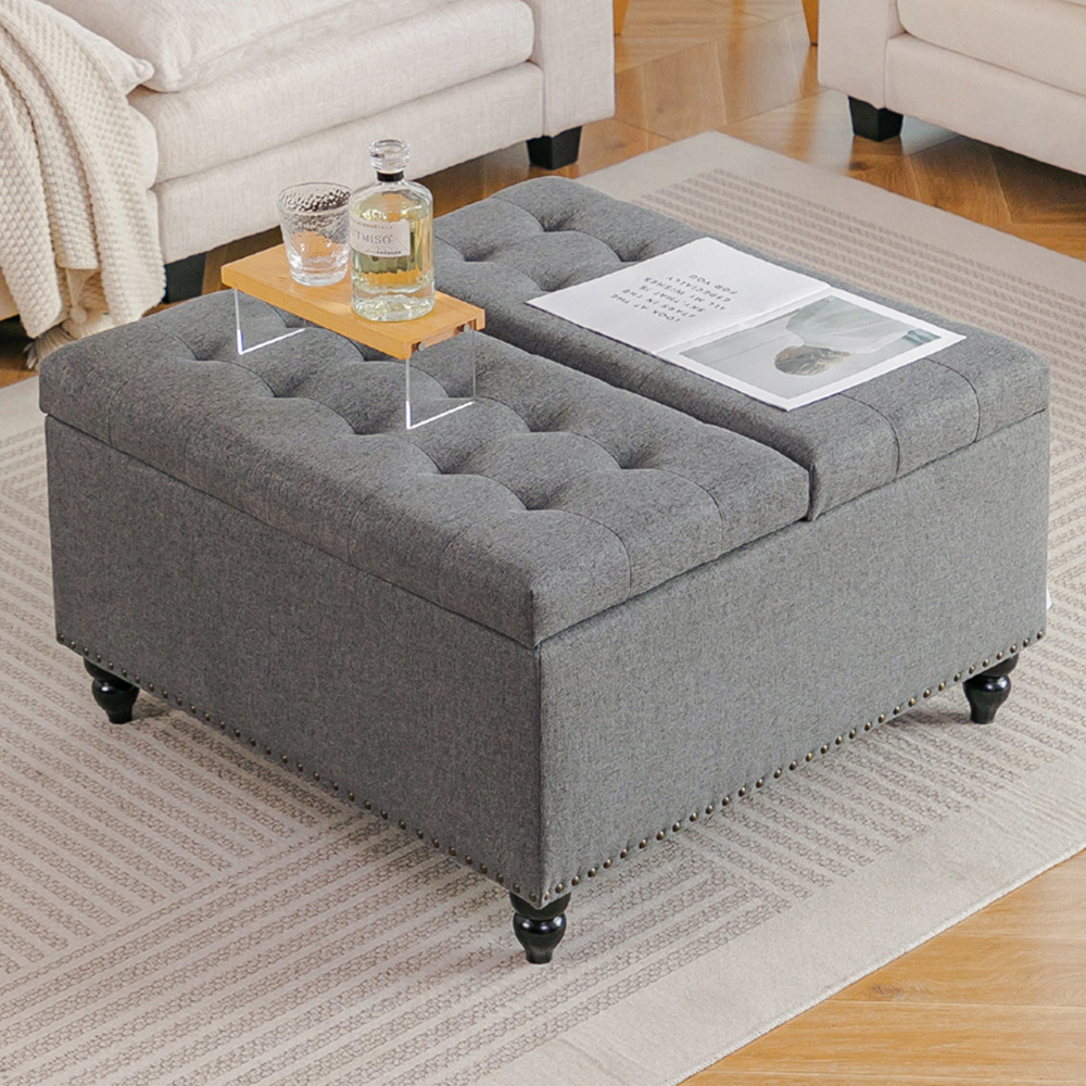 Living and Home Grey Square Linen Upholstered Lift Top and Flip Storage Ottoman