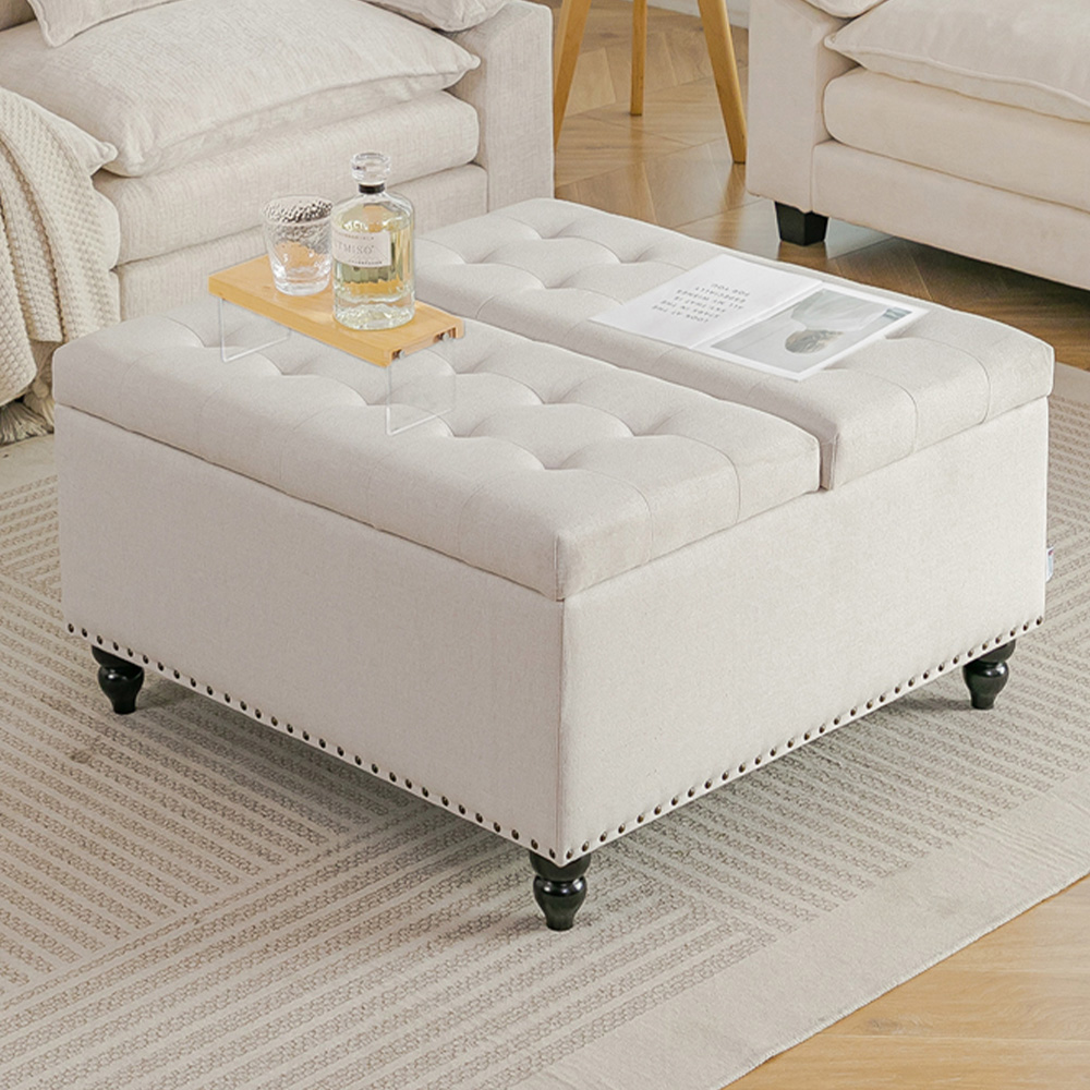 Living and Home Beige Square Linen Upholstered Lift Top and Flip Storage Ottoman