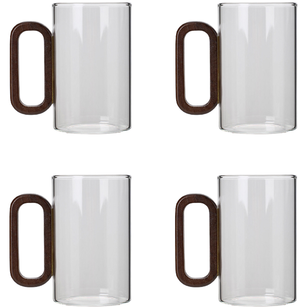 Living and Home 4 Piece Transparent Borosilicate Glass Wooden Handle Mug Set 360ml