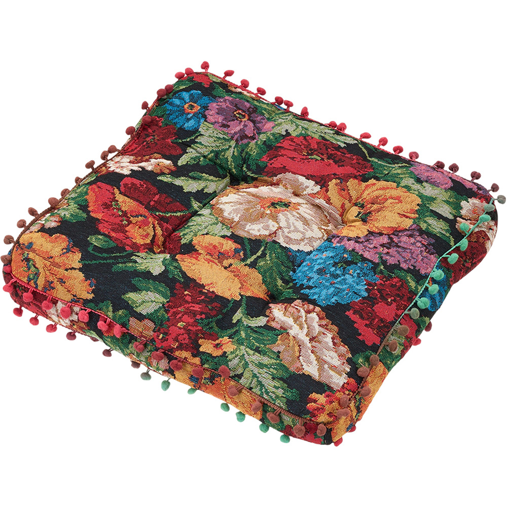 Living and Home Black Vintage Floral Embroidered Tatami Seat Cushion with Pom Poms 40 x 40cm