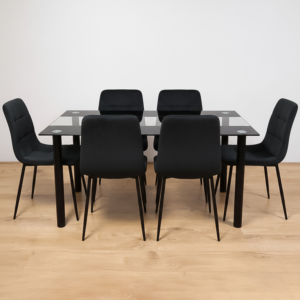 Portland Kosy Koala 6 Seater Velvet Glass Dining Set Black
