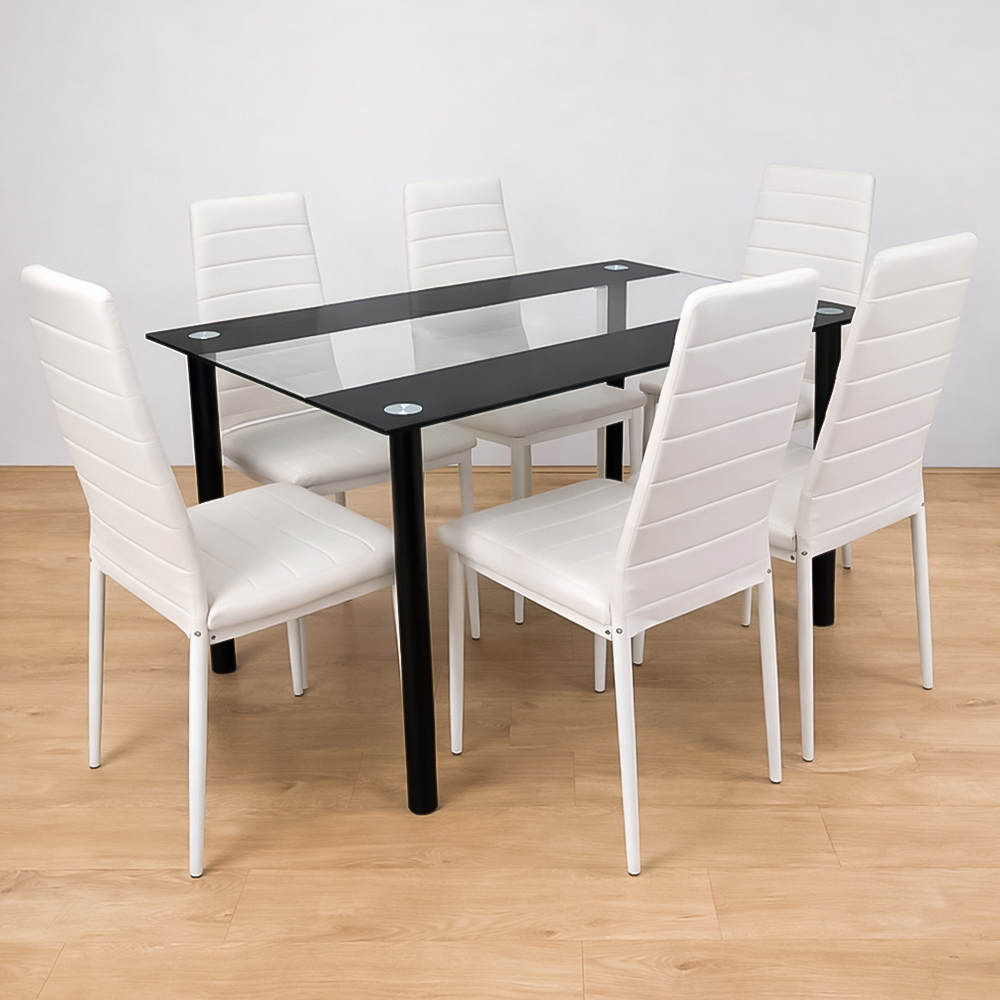 Portland Kosy Koala 6 Seater Glass Dining Set Black and White