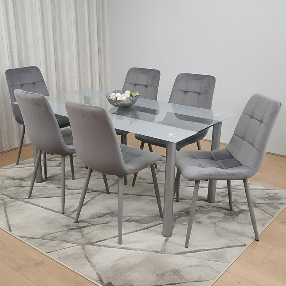 Portland Kosy Koala 6 Seater Modern Velvet Glass Dining Set Grey
