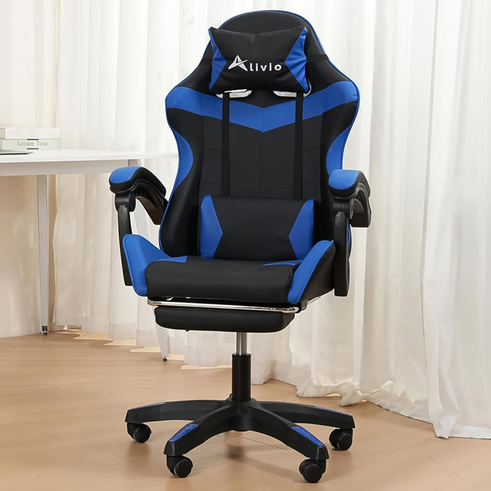 Alivio Black and Blue Ergonomic Swivel Gaming Chair with Footrest and Lumbar Support
