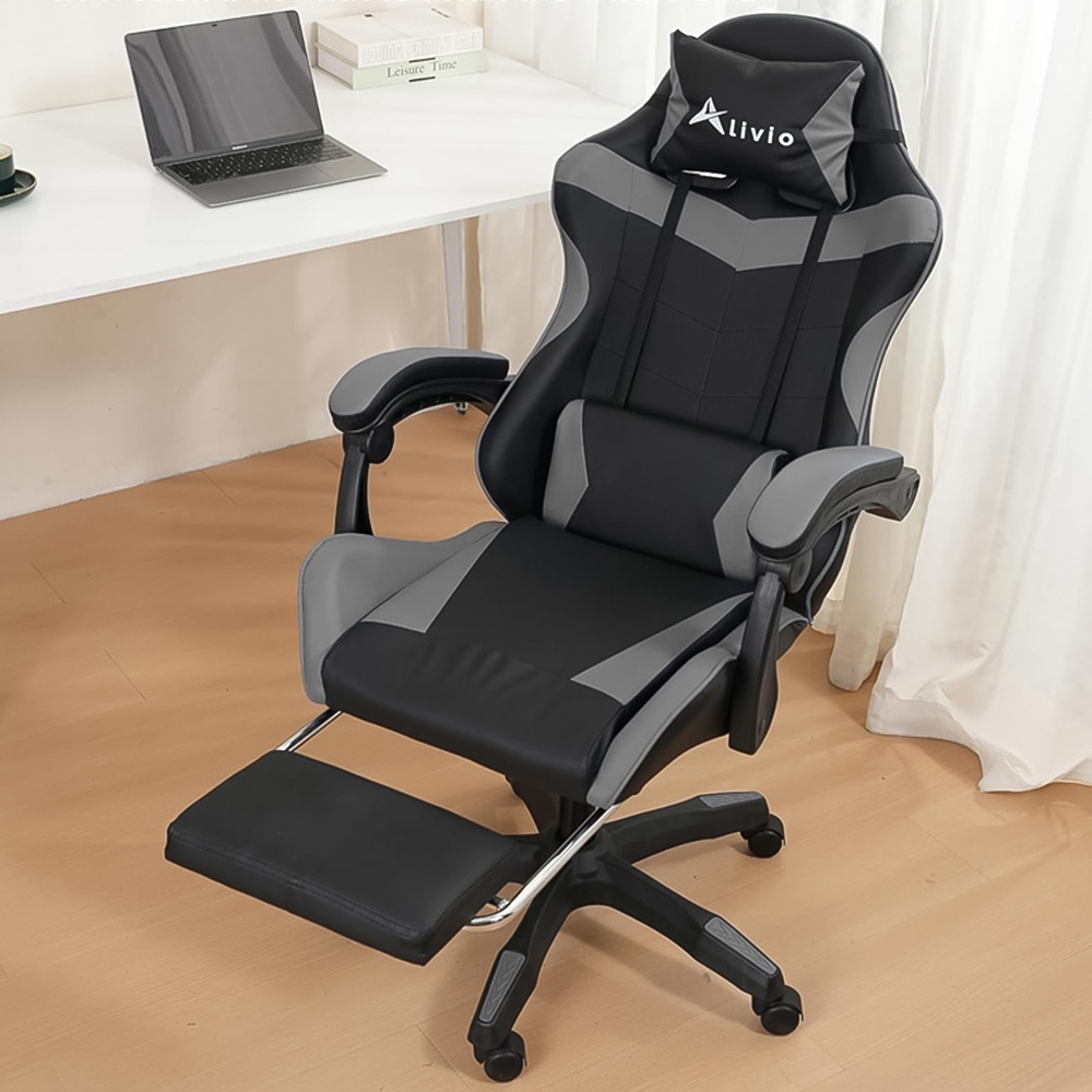 Alivio Black and Grey Ergonomic Swivel Gaming Chair with Footrest and Lumbar Support
