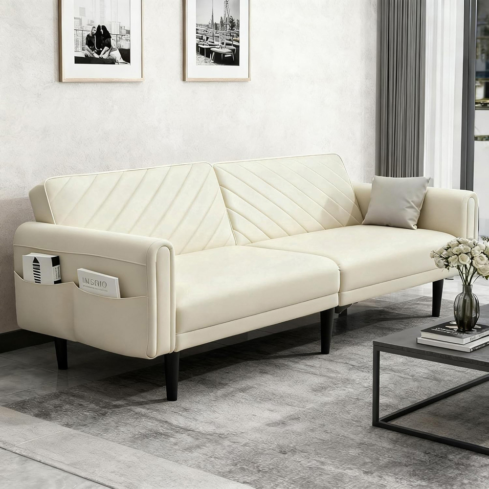 Alivio 2-in-1 Single Cream Adjustable Convertible Sofa Bed with Side Pockets