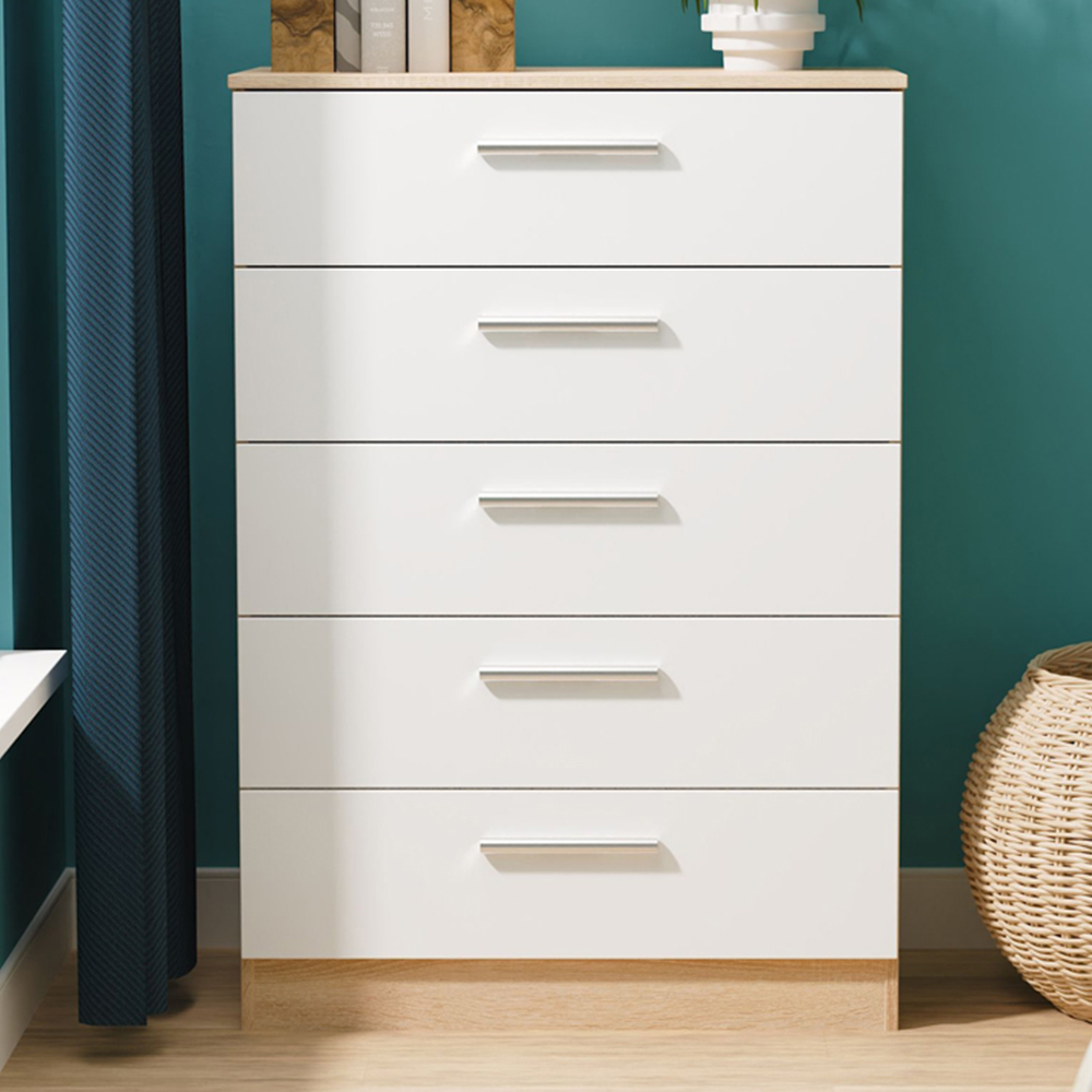 Crowndale Chest of Drawers - 5 Drawer - White Matt & Bardolino Oak - Oak