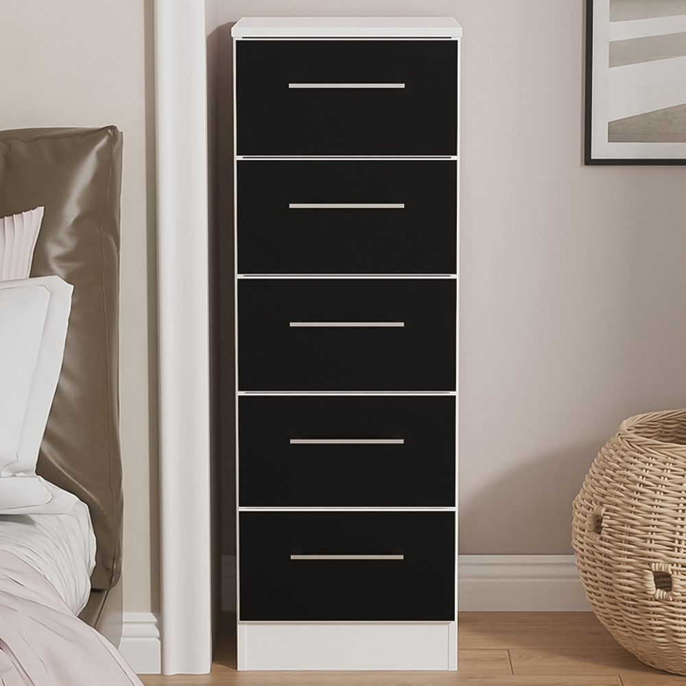 Crowndale Worcester 5 Drawer Matt Black and White Tall Bedside Cabinet Ready Assembled