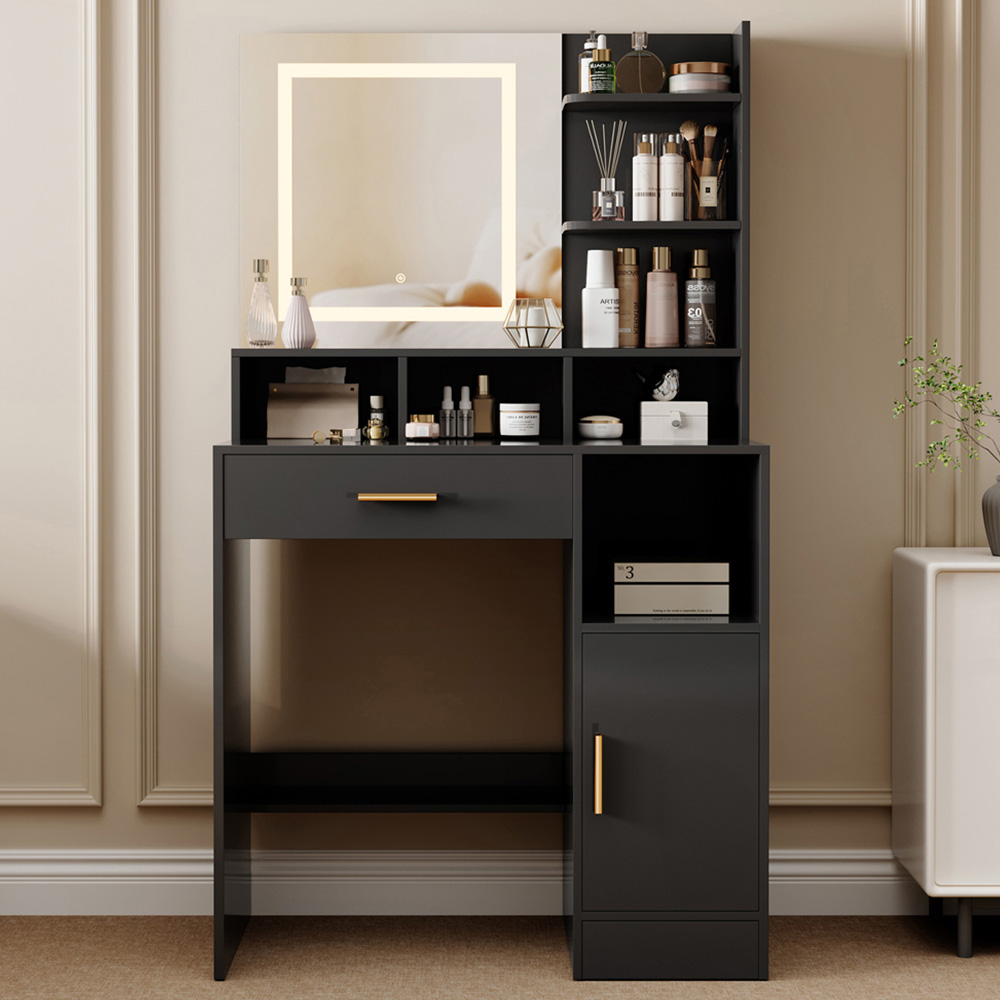 Brooklyn Truro Single Door Single Drawer 7 Shelf Black Adjustable Dressing Table with LED Mirror