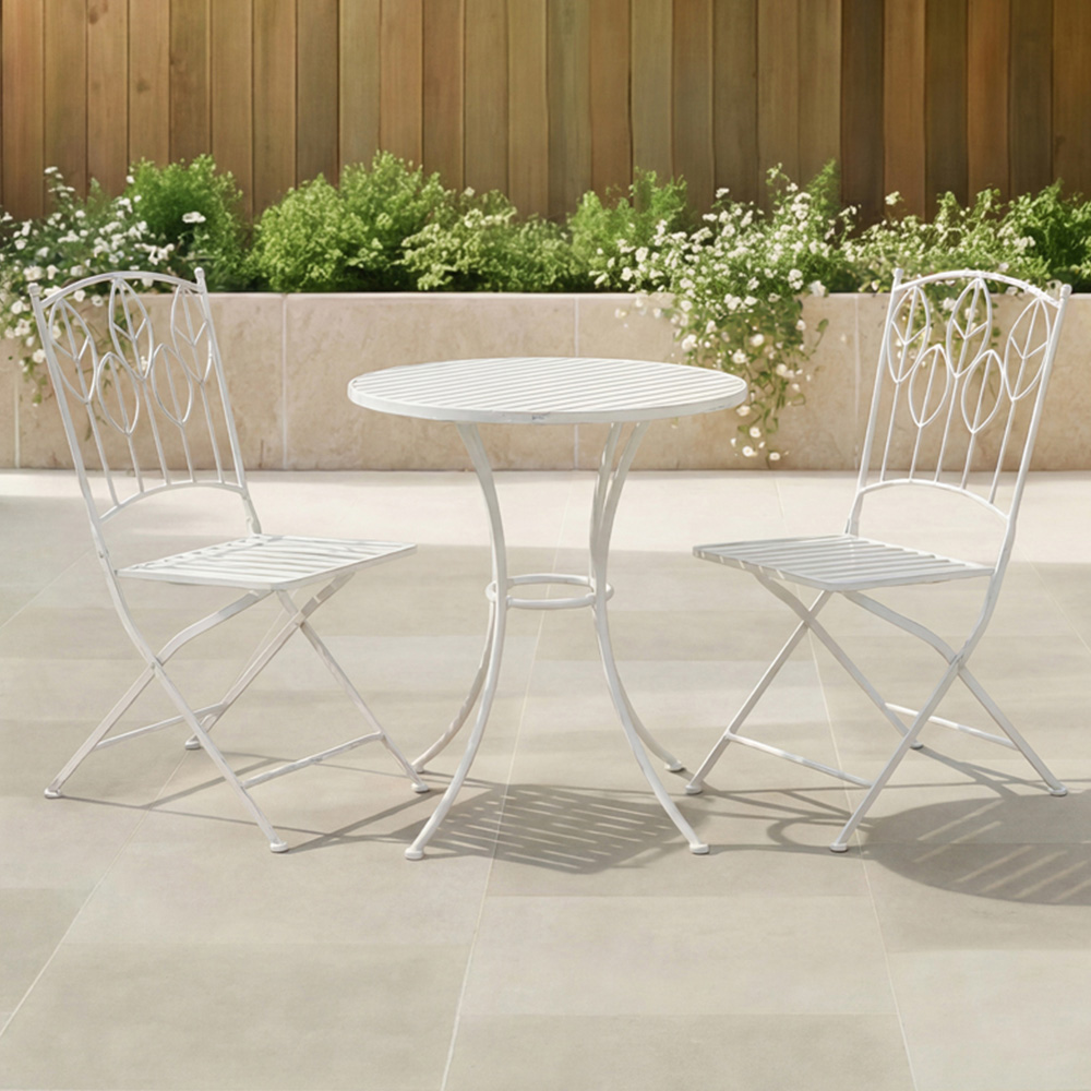 Charles Bentley 2 Seater Antique White Rustic Metal Leaf Pattern Foldable Garden Bistro Set