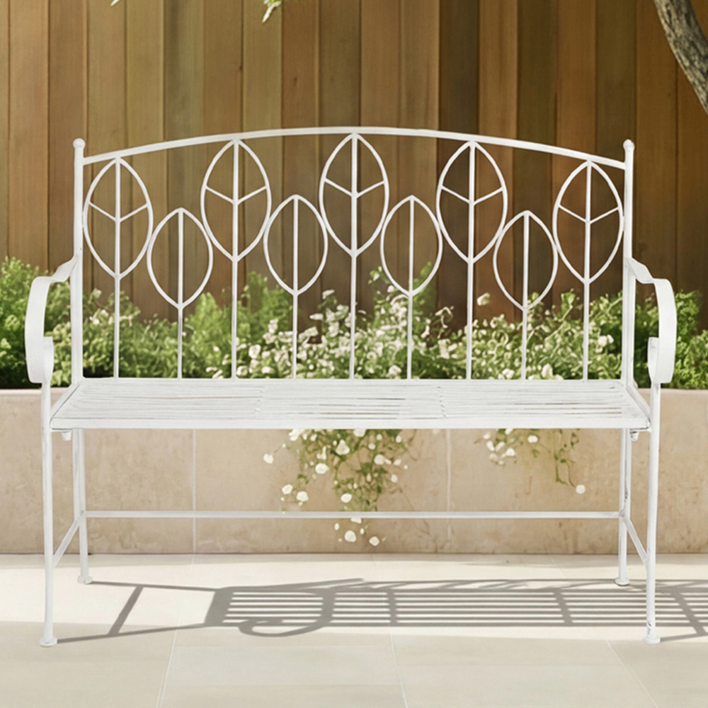 Charles Bentley 2 Seater Antique White Rustic Metal Leaf Pattern Garden Bench