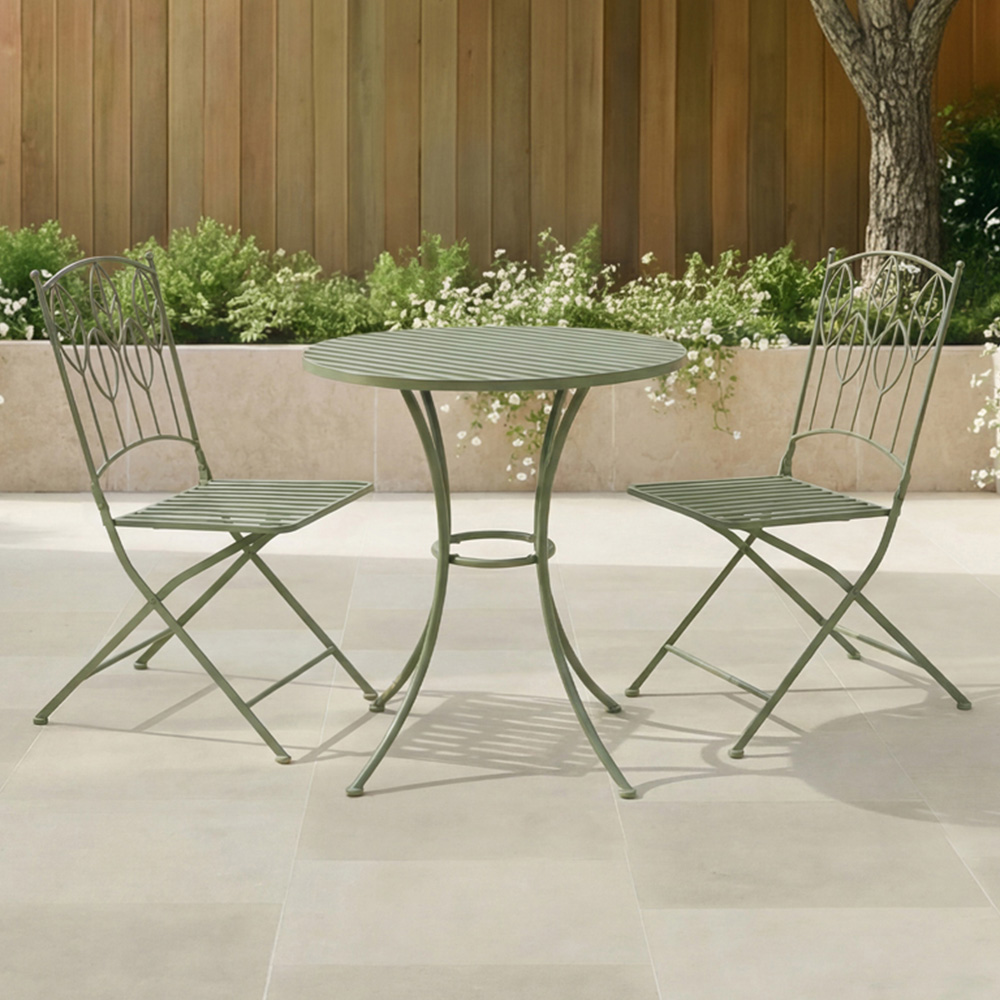 Charles Bentley 2 Seater Sage Green Rustic Metal Leaf Pattern Foldable Garden Bistro Set