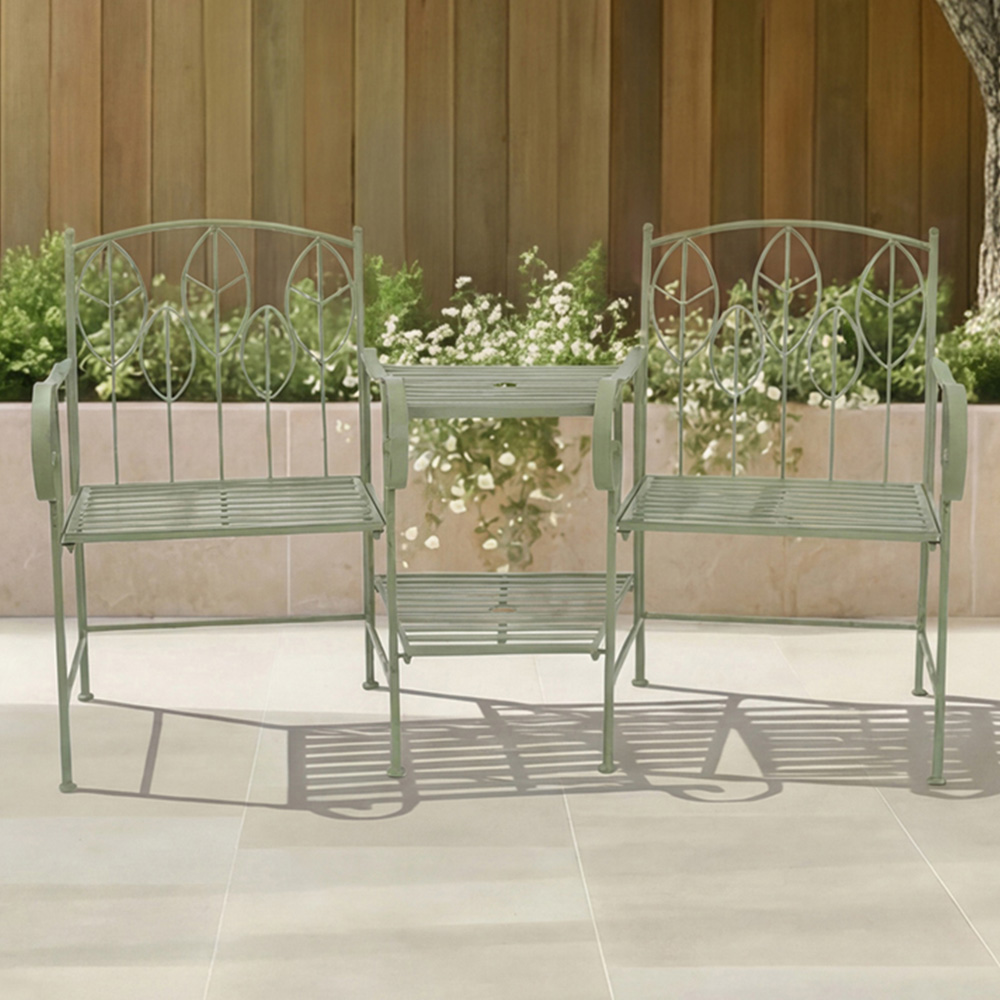 Charles Bentley 2 Seater Sage Green Rustic Metal Leaf Pattern Garden Companion Seat