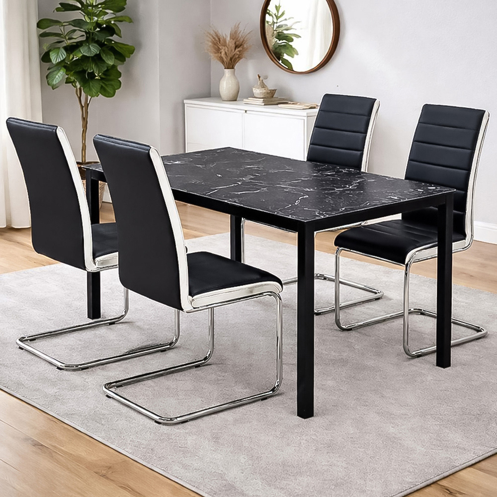 Portland 4 Seater Faux Leather Marble Effect Tabletop Dining Set Black and Chrome