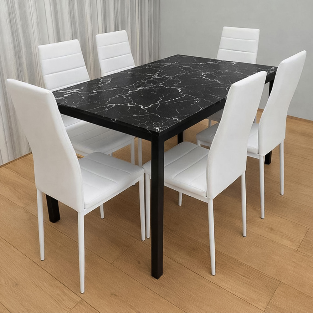 Portland 6 Seater Marble Effect Faux Leather Dining Set Black and White