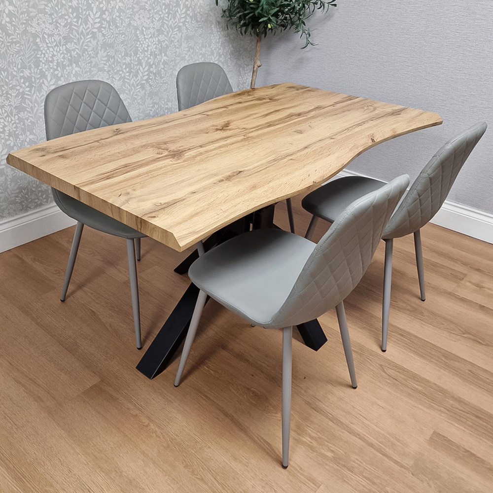 Portland 4 Seater Gem Pattern Faux Leather Wooden Tabletop Dining Set Grey
