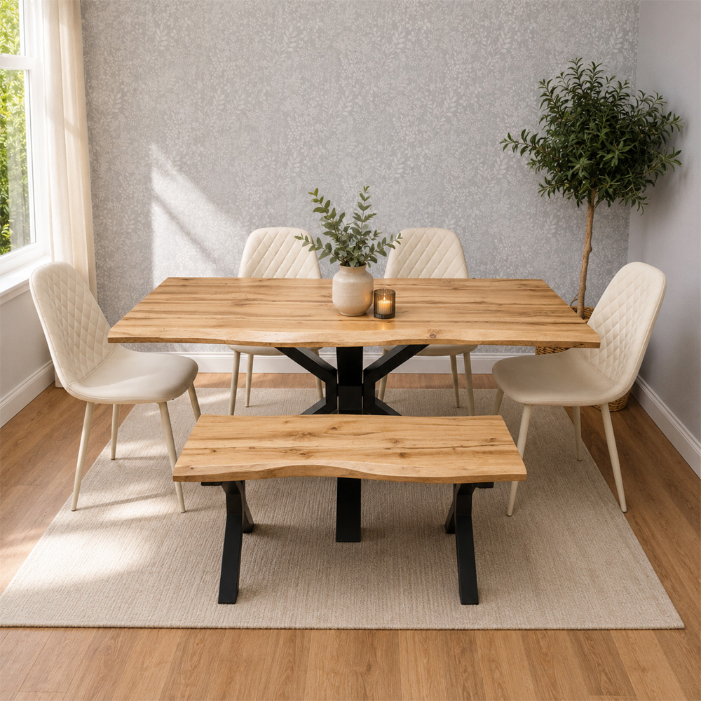 Portland 6 Seater Gem Pattern Wooden Tabletop Dining Bench Set Cream