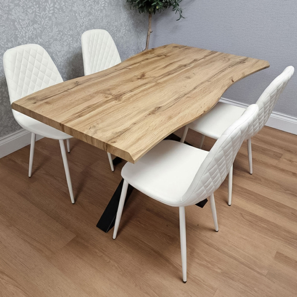 Portland 4 Seater Gem Pattern Faux Leather Wooden Tabletop Dining Set White