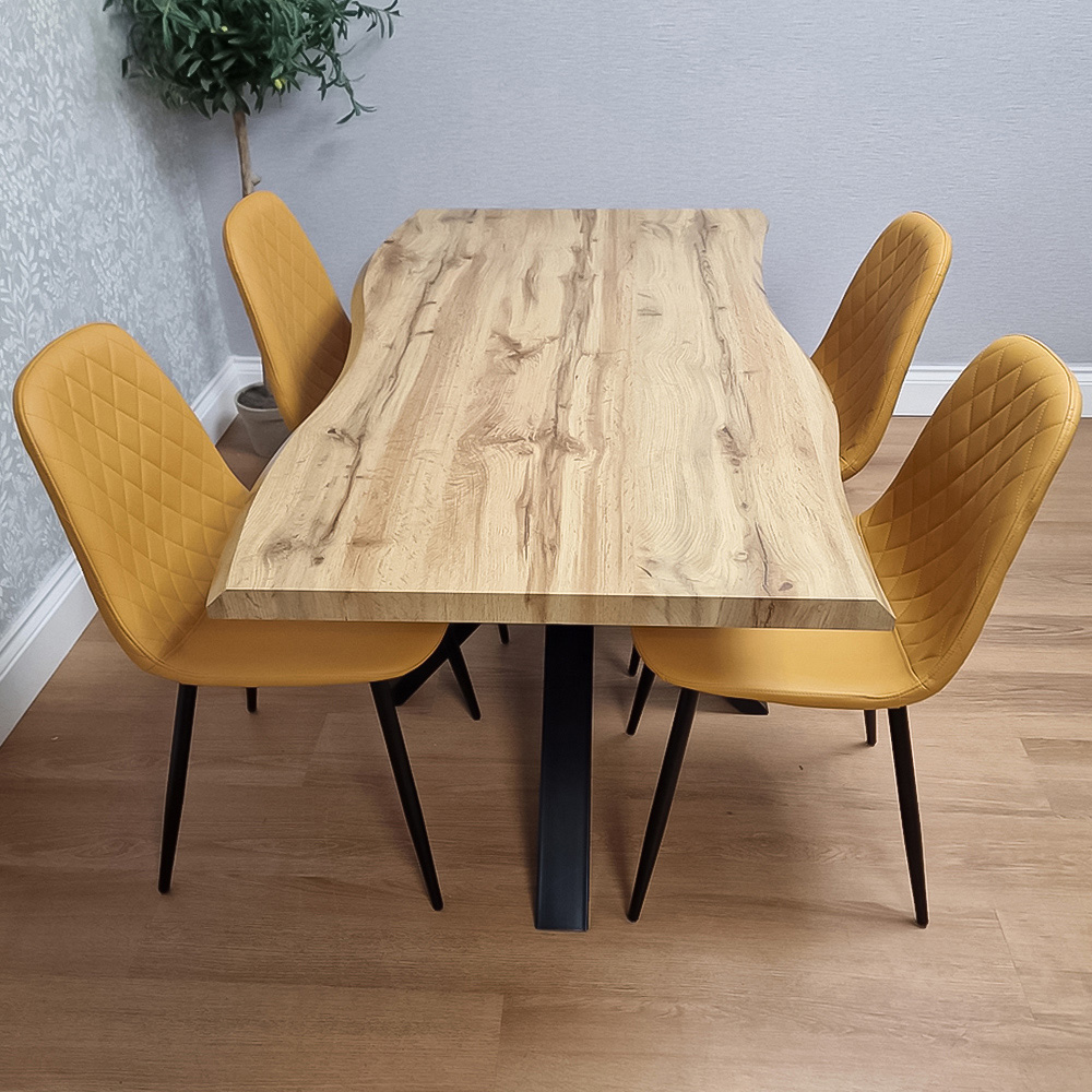 Portland 4 Seater Gem Pattern Faux Leather Wooden Tabletop Dining Set Mustard