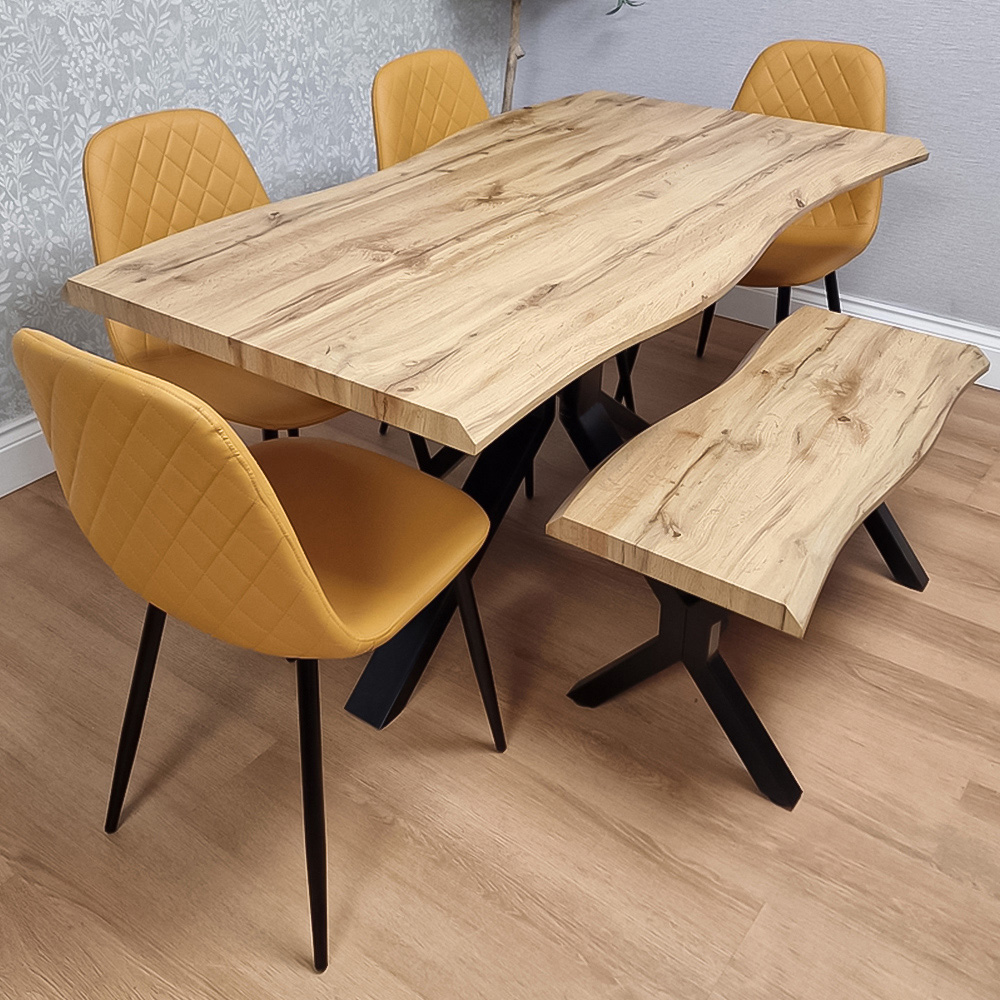 Portland 6 Seater Gem Pattern Wooden Tabletop Dining Bench Set Mustard