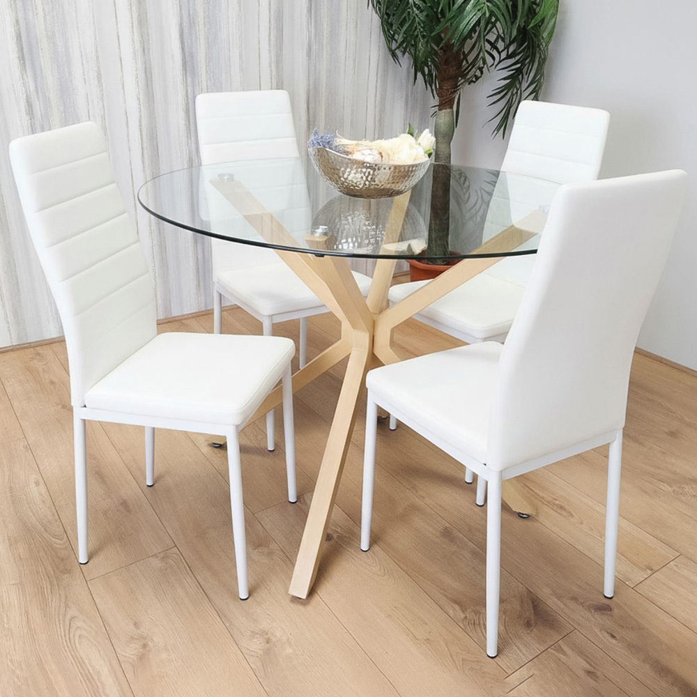 Portland 4 Seater Faux Leather Glass Tabletop Round Dining Set White