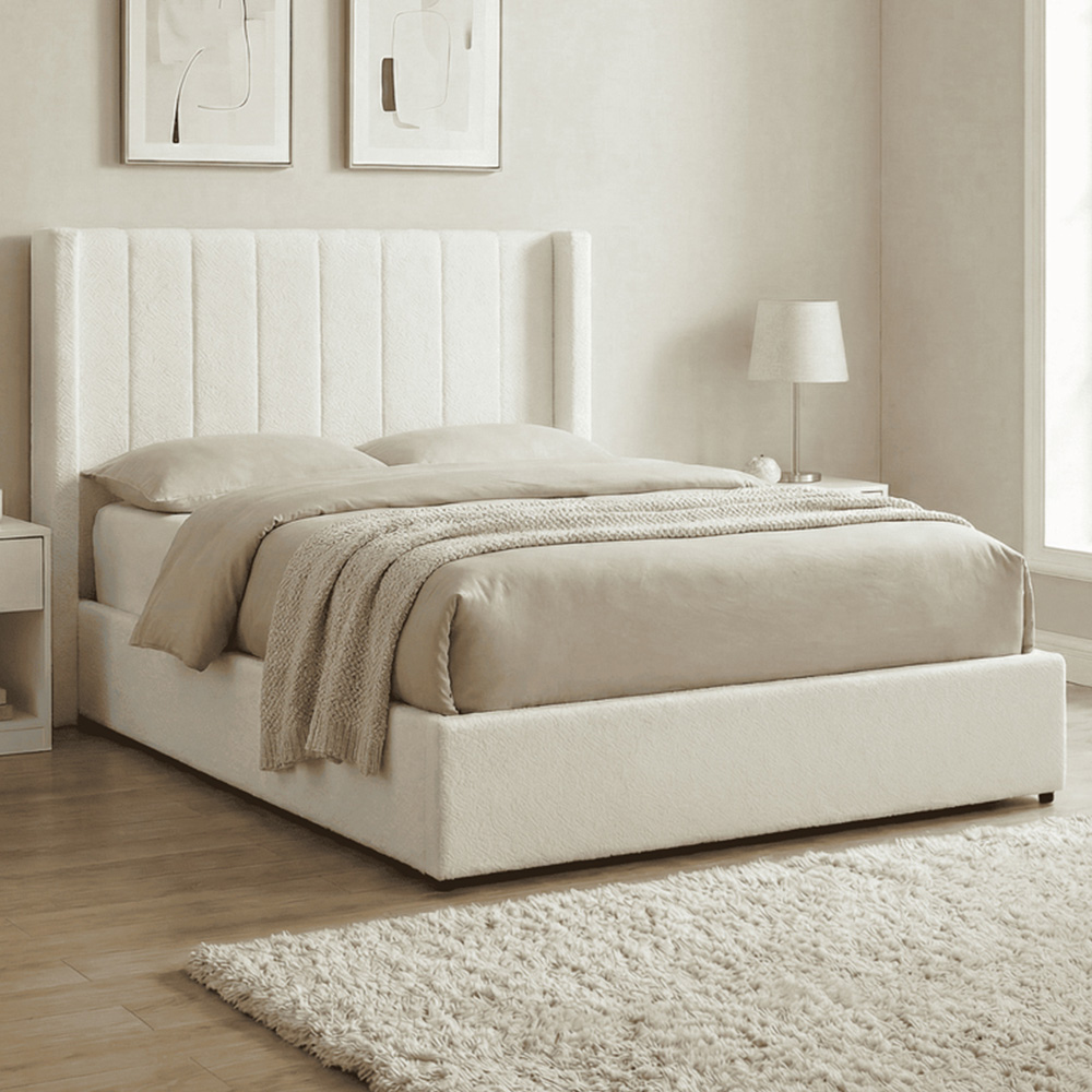 Home Source Ottoman Bed - White Boucle - Double - Metal/Plywood Frame