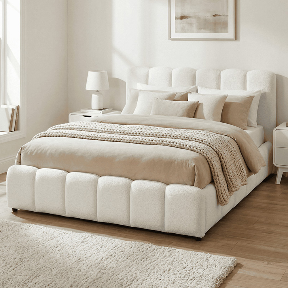 Home Source Ottoman Bed - Double - Boucle White - Plywood/Metal - 200kg Weight Capacity