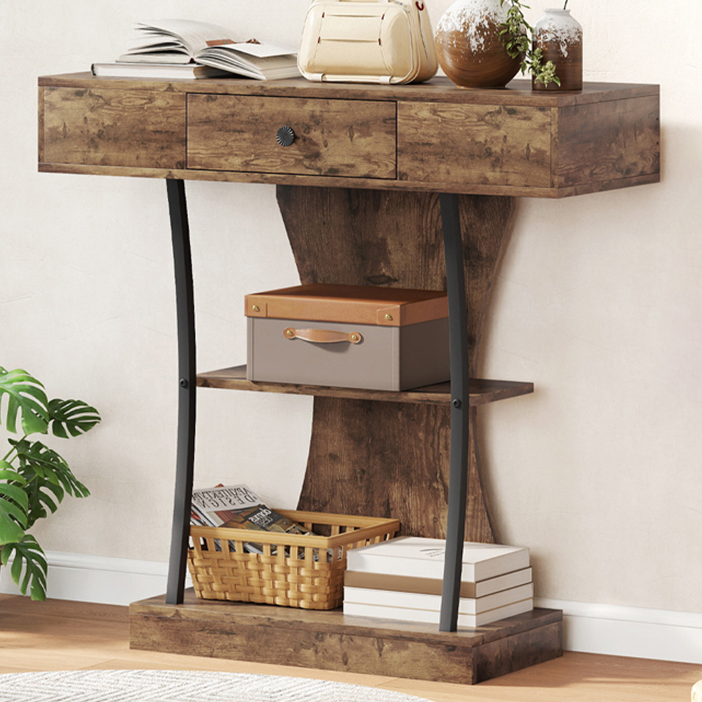 Portland Single Drawer 2 Shelf Rustic Brown Console Table