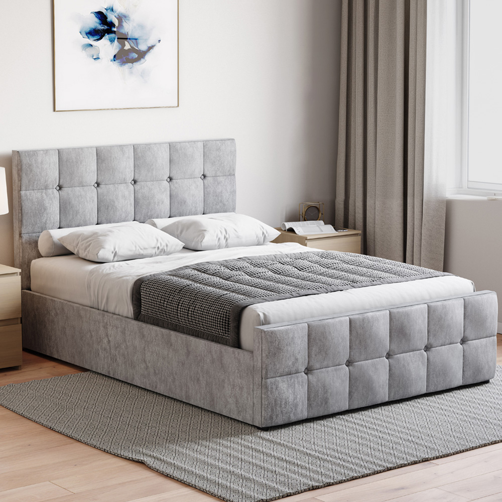 VIDA DESIGNS Valentina Double Silver Velvet Ottoman Bed with Gel Memory Foam Mattress