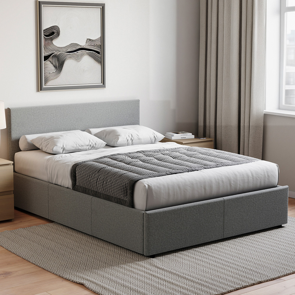 VIDA DESIGNS Veronica King Size Light Grey Linen Ottoman Bed with Gel Memory Foam Mattress
