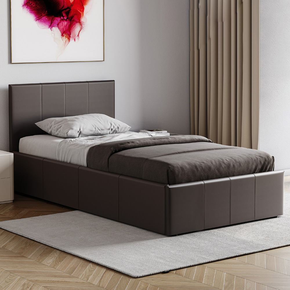 VIDA DESIGNS Lisbon Single Brown Faux Leather Ottoman Bed with Gel Memory Foam Mattress