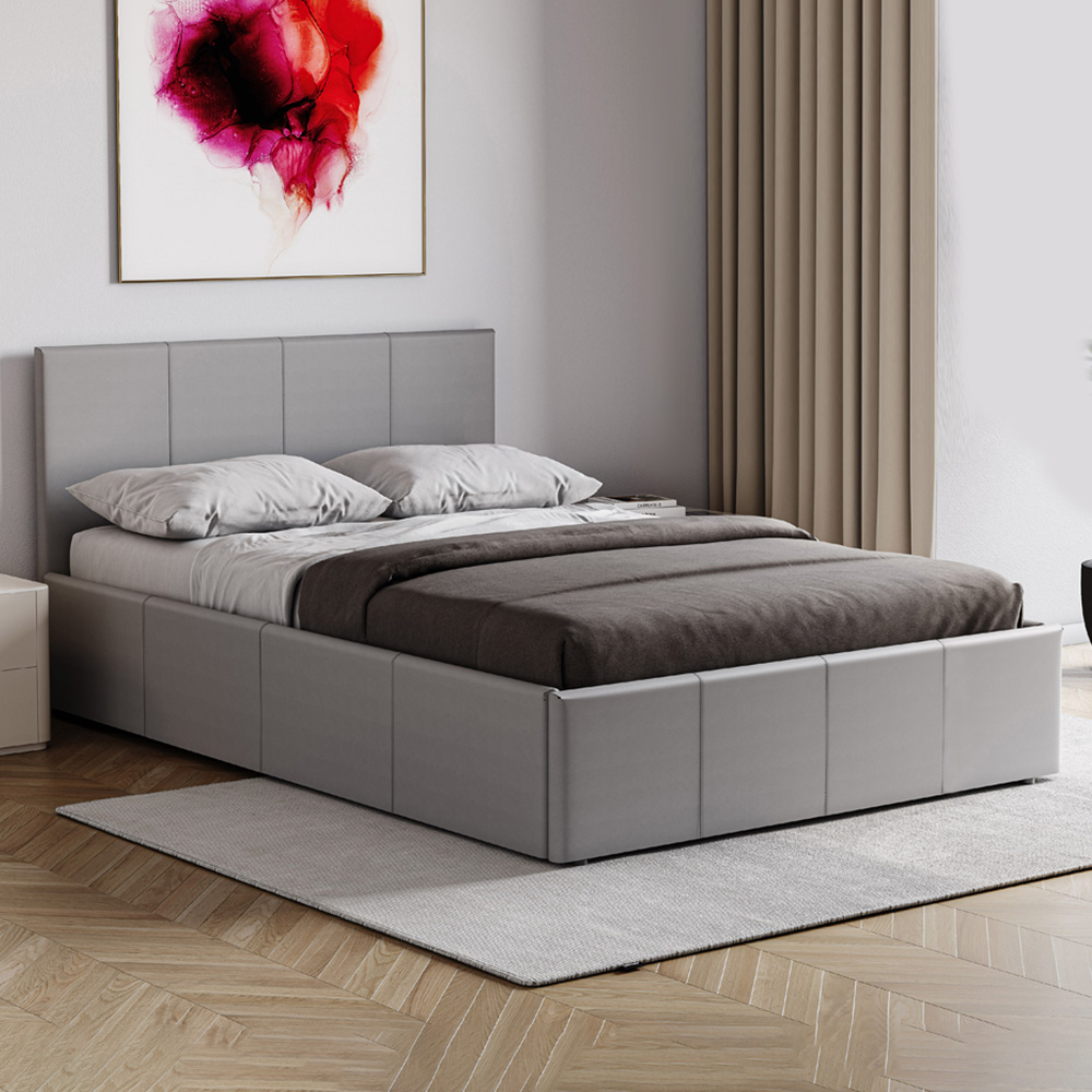 VIDA DESIGNS Lisbon Small Double Grey Faux Leather Ottoman Bed with Gel Memory Foam Mattress
