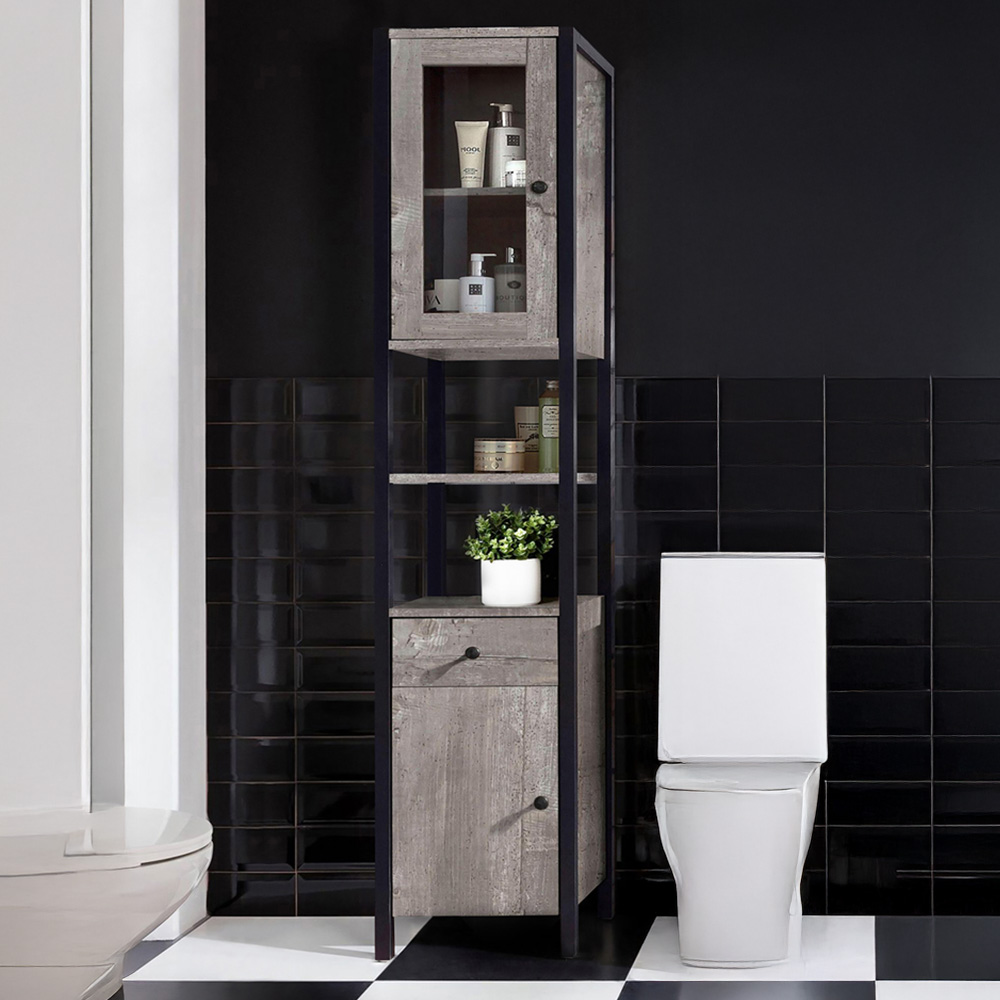 Loft24 Chris 2 Door Single Drawer Black Concrete Effect Tall Storage Cabinet